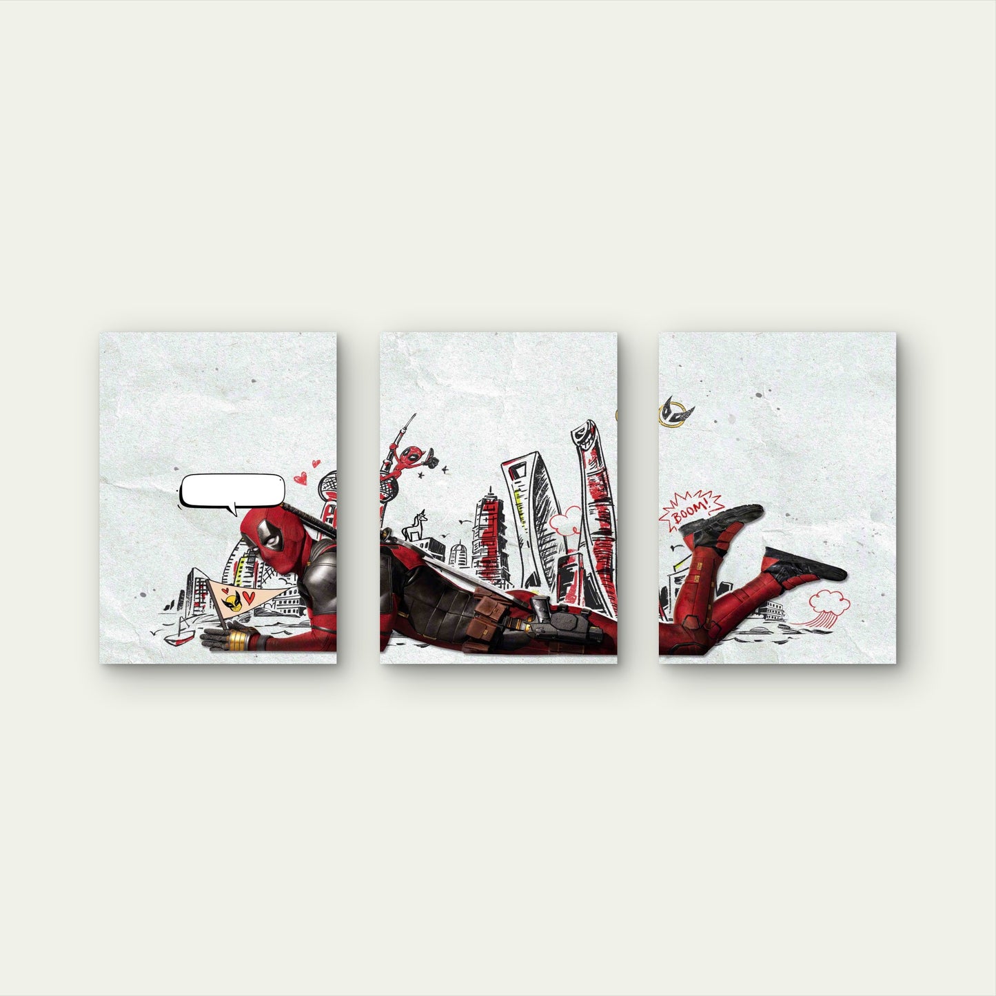 3pcs Red & Black Masked Mercenary Urban Doodle Metal Print Ready to Hang Art