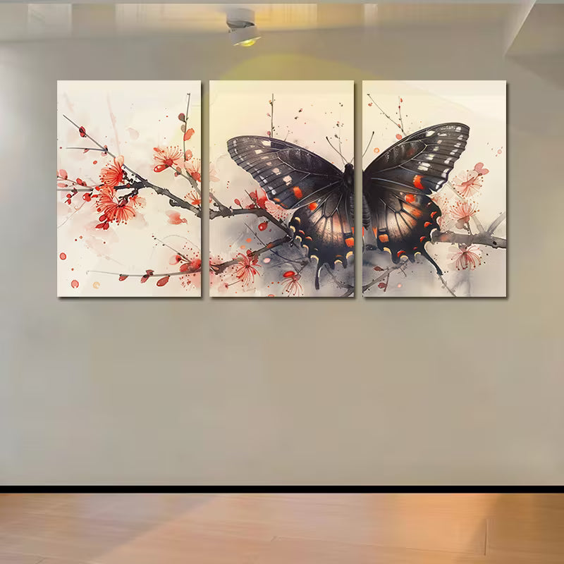 3pcs Butterfly with Red Florals Branch Wall Art Set Canvas Framed 50x70cm - High Quality Print 100% Australian Made Wall Canvas Ready to Hang - Bella Home Decor