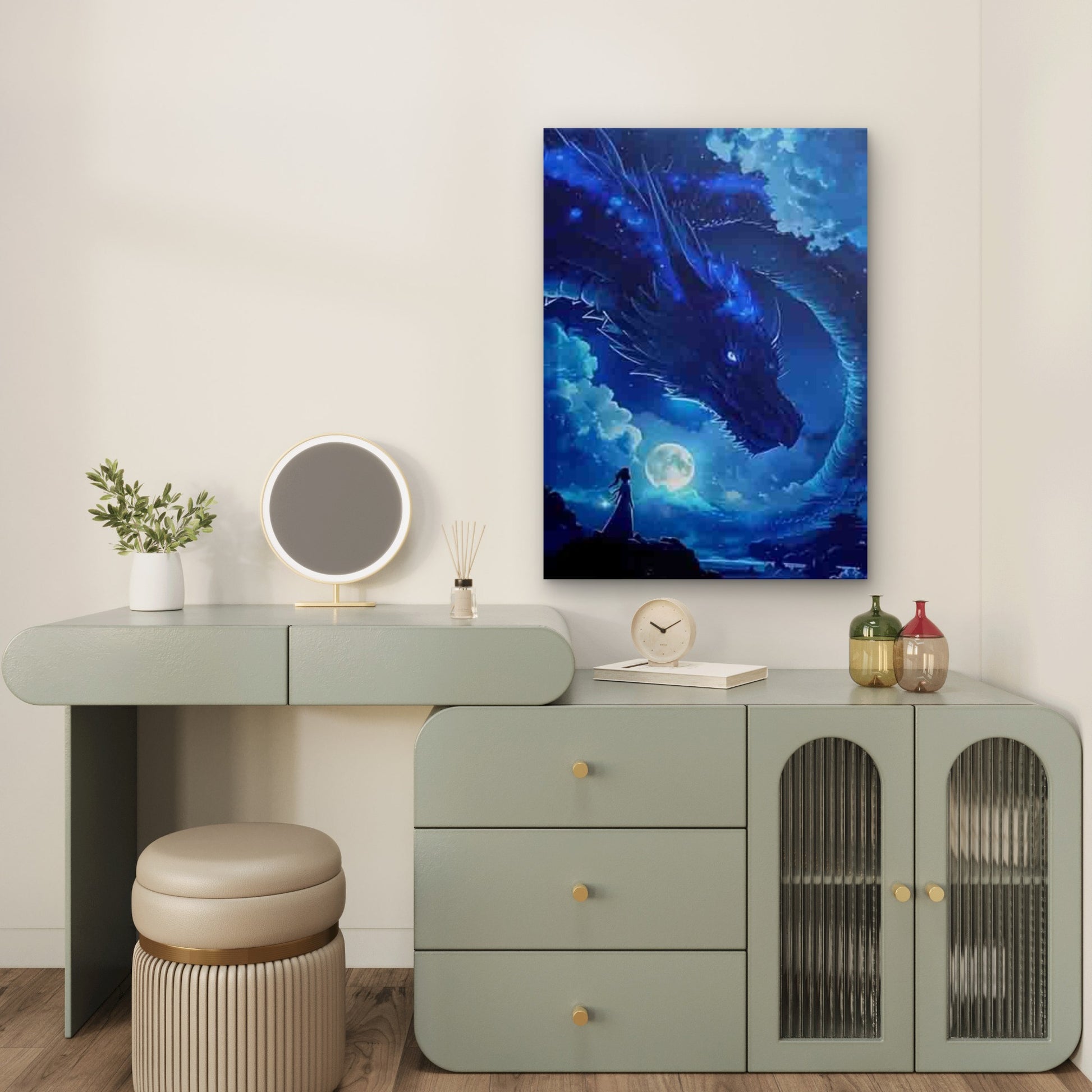 Blue Dragon  with Starry Sky and Moon 60x90cm Metal Print Ready to Hang - Bella Home Decor