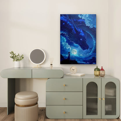 Blue Dragon with Starry Sky and Moon Metal Print Ready to Hang - Bella Home Decor