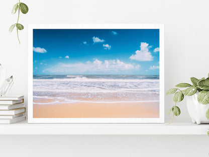 Tropical Beach With Sea Waves Glass Framed Wall Art, Ready to Hang Quality Print Without White Border White