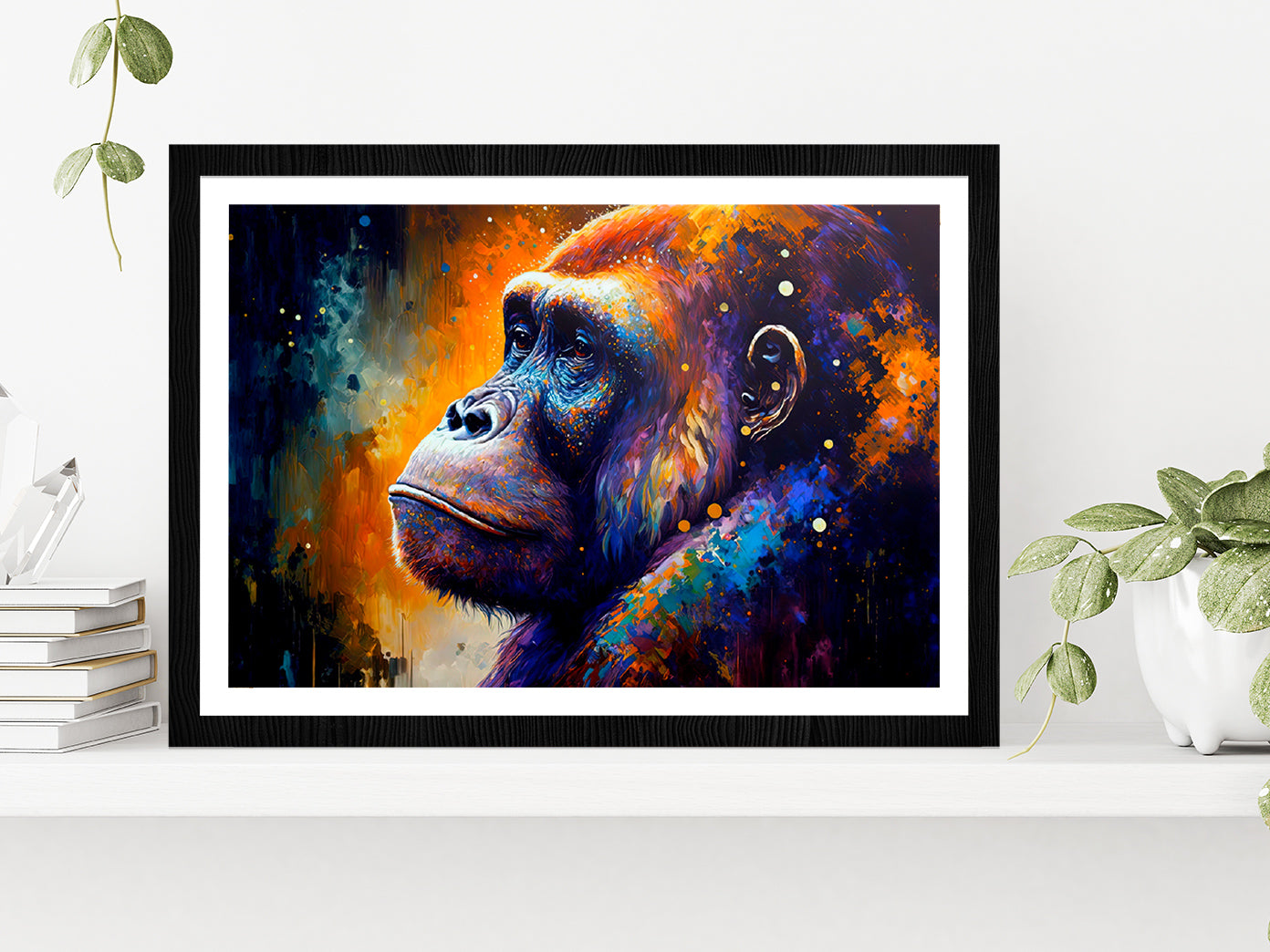 Colorful Gorilla Oil Painting Glass Framed Wall Art, Ready to Hang Quality Print With White Border Black