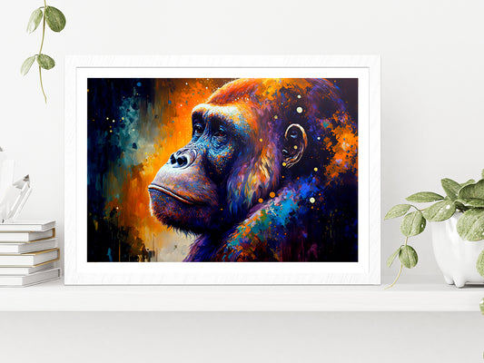 Colorful Gorilla Oil Painting Glass Framed Wall Art, Ready to Hang Quality Print With White Border White