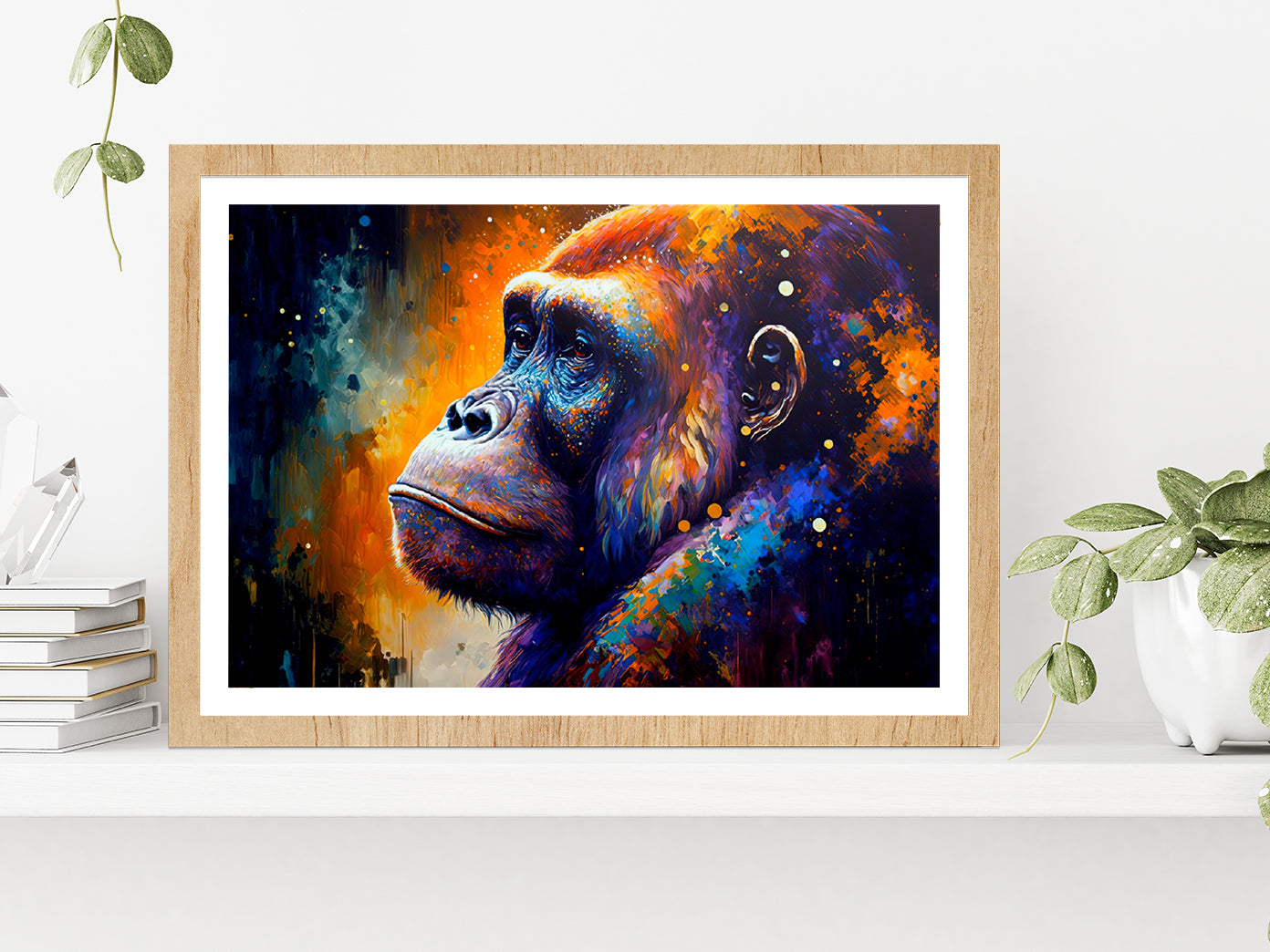 Colorful Gorilla Oil Painting Glass Framed Wall Art, Ready to Hang Quality Print With White Border Oak