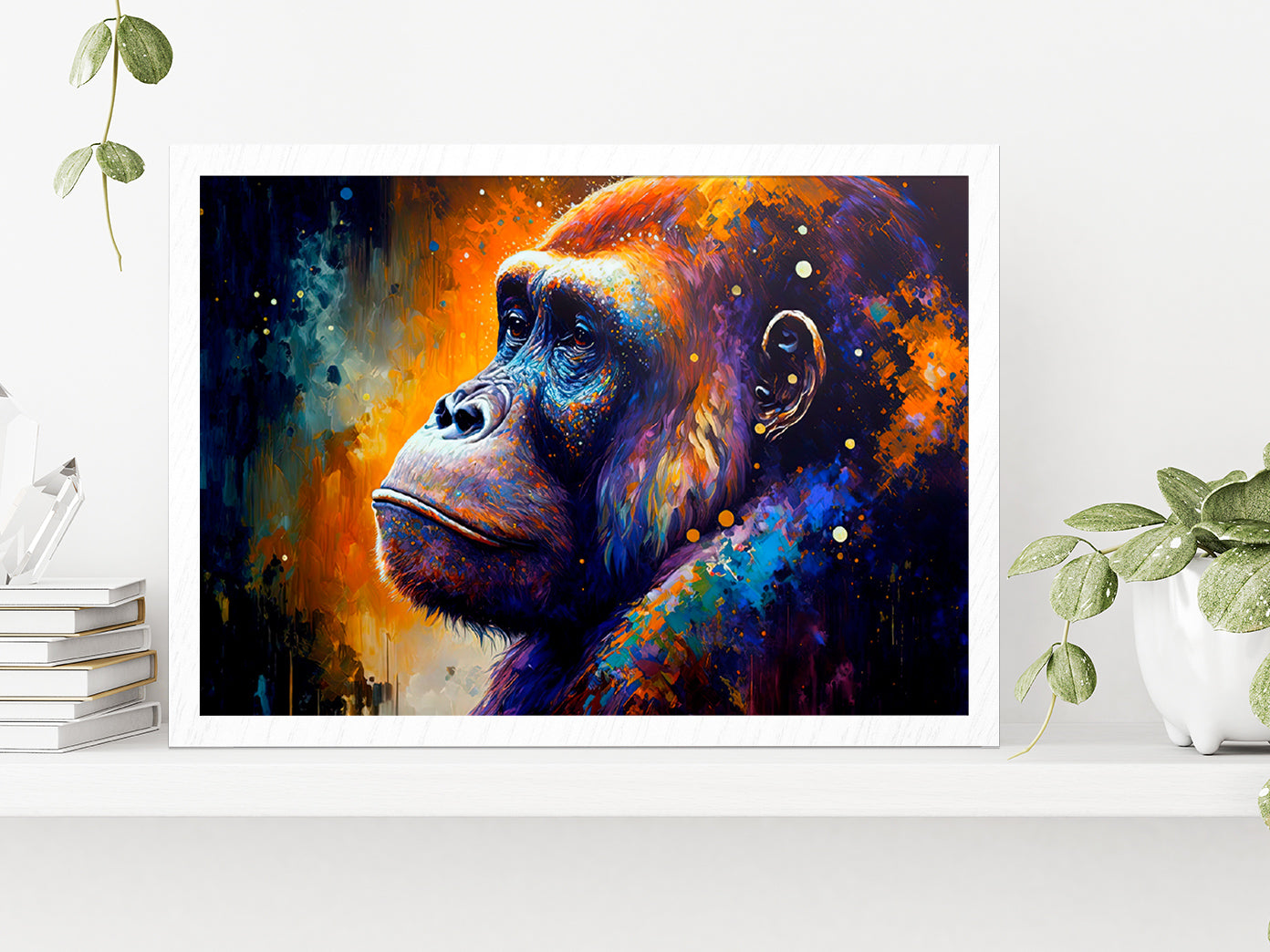 Colorful Gorilla Oil Painting Glass Framed Wall Art, Ready to Hang Quality Print Without White Border White