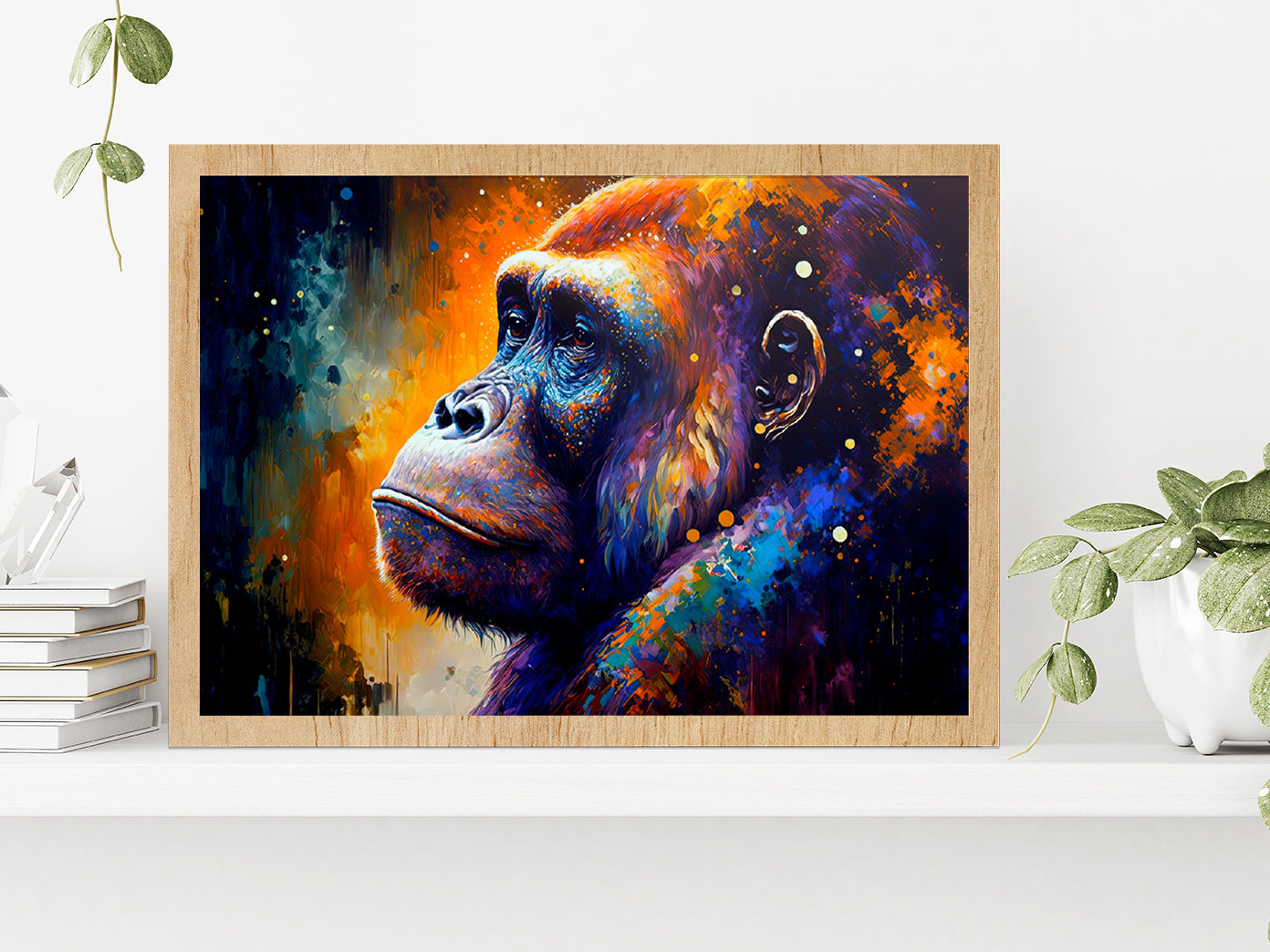 Colorful Gorilla Oil Painting Glass Framed Wall Art, Ready to Hang Quality Print Without White Border Oak