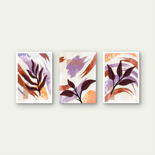 3pcs Purple Orange Boho Plant Leaves Wall Art Set Canvas Framed 50x70cm - High Quality Print 100% Australian Made Wall Canvas Ready to Hang