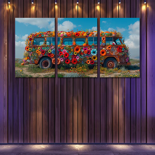 3pcs Vibrant Floral Bus Design Wall Art Set Canvas Framed 50x70cm - High Quality Print 100% Australian Made Wall Canvas Ready to Hang
