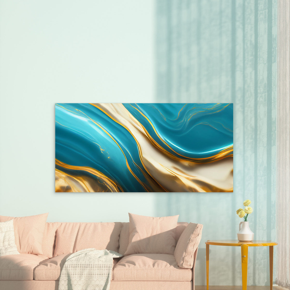 Cerulean Tides Golden Veins Wall Art Canvas Office Home Room Framed 120x60cm