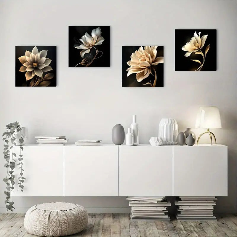4pcs Golden Flower Theme Wall Art Canvas Framed
