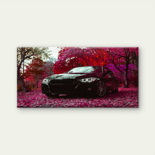 Black BMW Sedan Car Red Forest Wall Art Canvas Office Home Room Framed 120x60cm