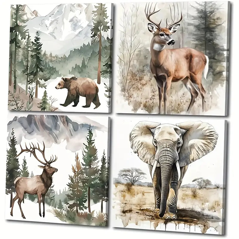 4pcs Deer Bear Elephant Picture Wall Art Canvas Framed - Bella Home Decor