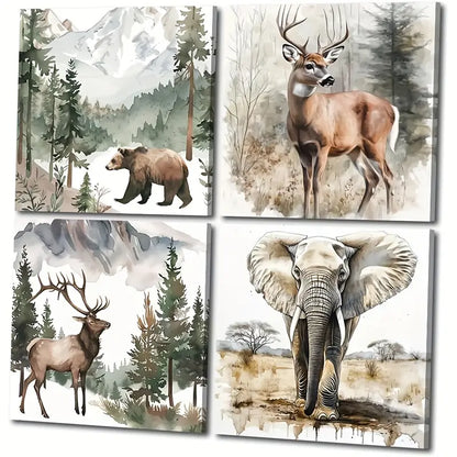 4pcs Deer Bear Elephant Picture Wall Art Canvas Framed - Bella Home Decor