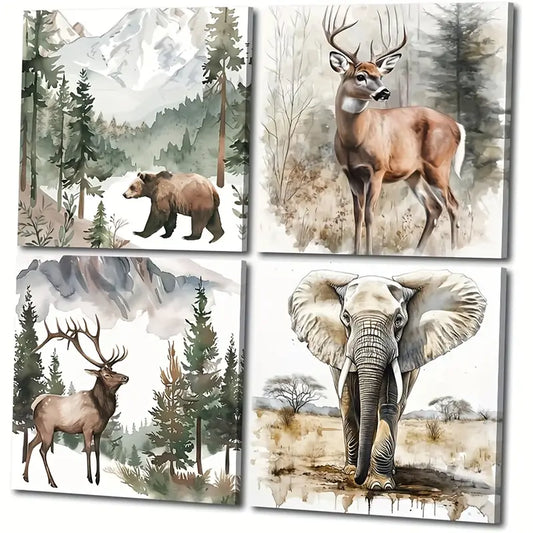 4pcs Deer Bear Elephant Picture Wall Art Canvas Framed