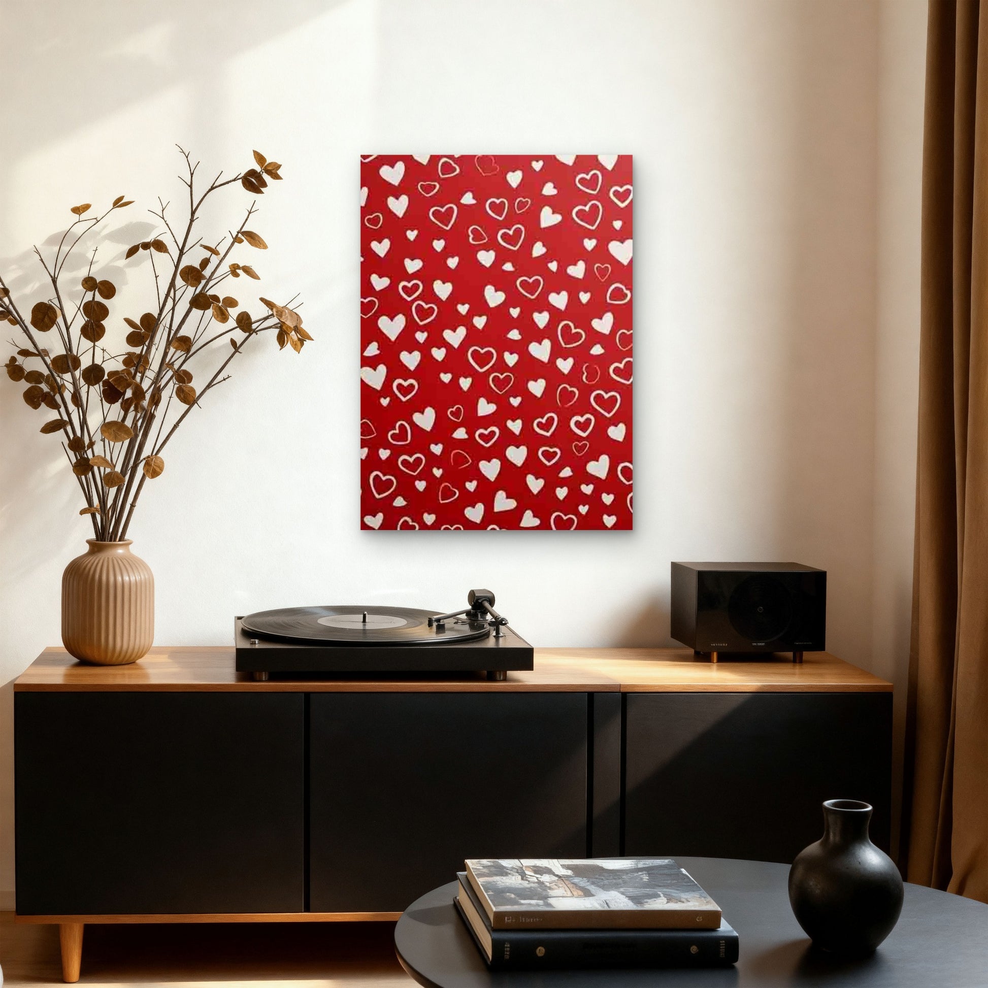 Red Background with White Hearts Pattern 60x90cm Metal Print Ready to Hang - Bella Home Decor