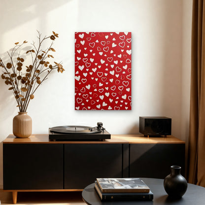 Red Background with White Hearts Pattern 60x90cm Metal Print Ready to Hang - Bella Home Decor