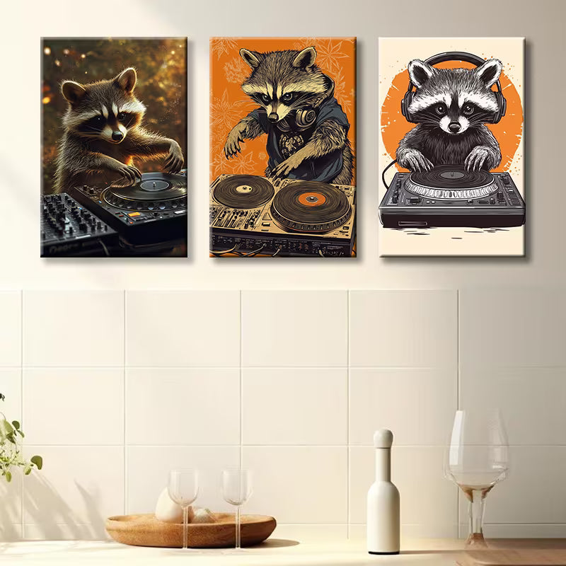 3pcs Raccoon as a DJ Funny Illustration Wall Art Set Canvas Framed 40x60cm - High Quality Print 100% Australian Made Wall Canvas Ready to Hang