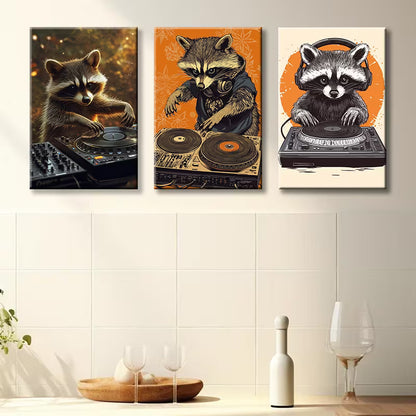 3pcs Raccoon as a DJ Funny Illustration Wall Art Set Canvas Framed 40x60cm - High Quality Print 100% Australian Made Wall Canvas Ready to Hang