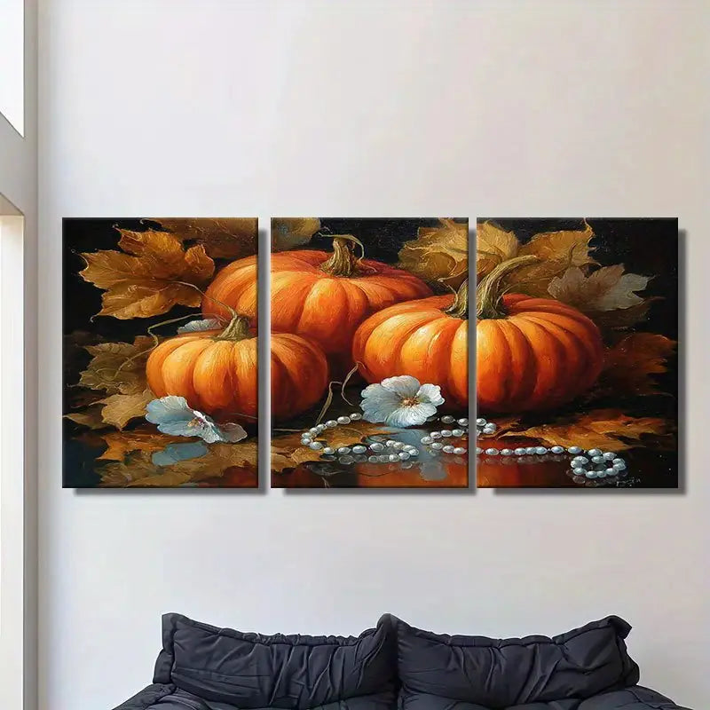 3pcs Autumn Pumpkin & Leaf Painting With Pearls Metal Print Ready to Hang Art - Bella Home Decor
