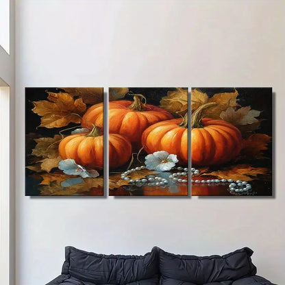 3pcs Autumn Pumpkin & Leaf Painting With Pearls Metal Print Ready to Hang Art - Bella Home Decor