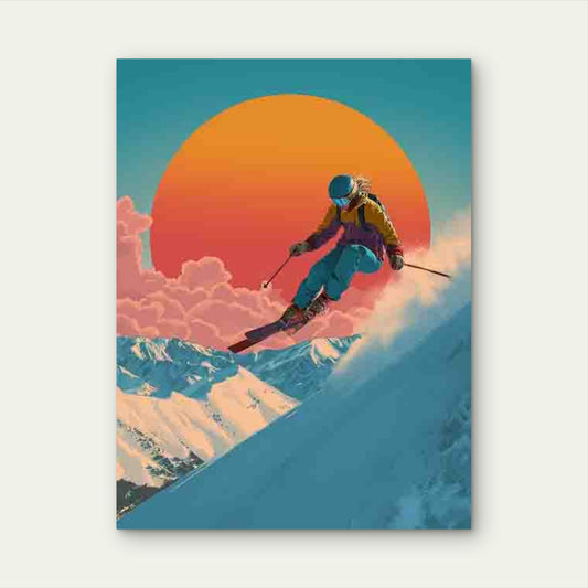 Vibrant 80s Inspired Colorado Mountain Skiing Scene 60x90cm Metal Print Ready to Hang