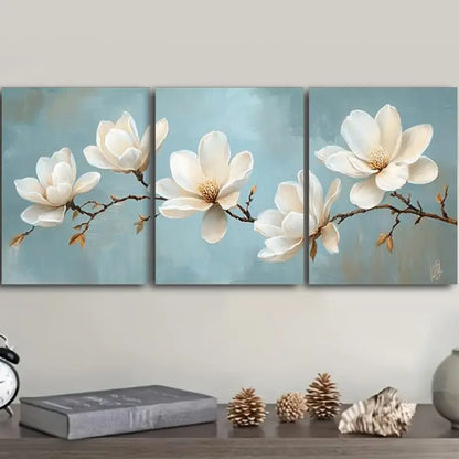 3pcs White Magnolia Flower Paintings Metal Print Ready to Hang Art