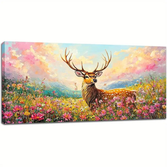 Large Rustic Wildlife Nature Deer Wildflower Wall Art canvas office home room framed 120x60cm - Bella Home Decor