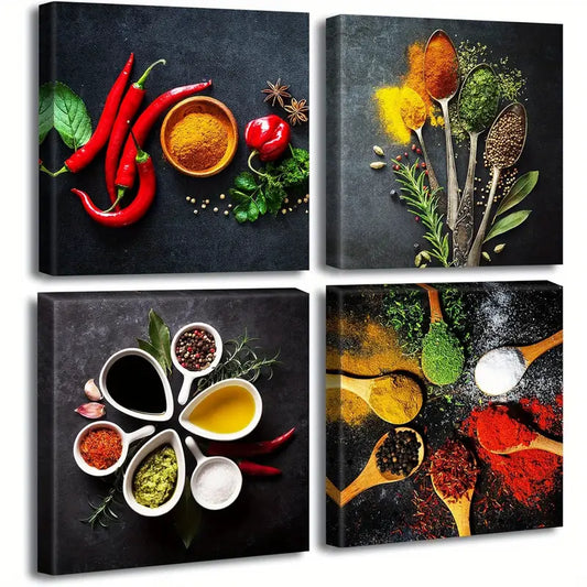 4pcs Kitchen Colorful Spice Spoon Wall Art Canvas Framed
