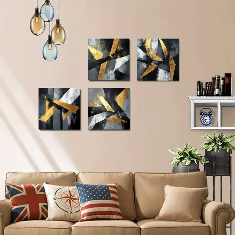 4pcs Golden Black And White Oil Picture Wall Art Canvas Framed - Bella Home Decor