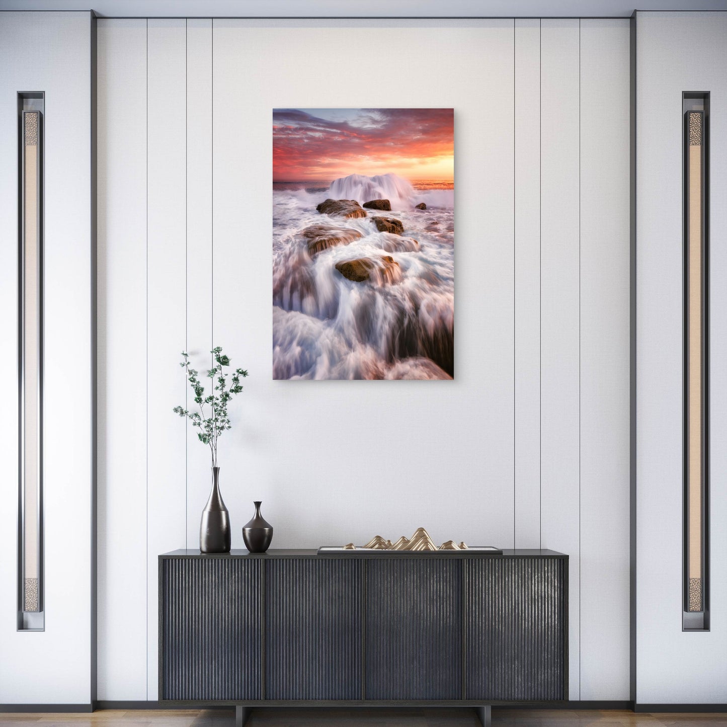 Long-Exposure of Waves Crashing at Sunset 40x60cm Metal Print Ready to Hang