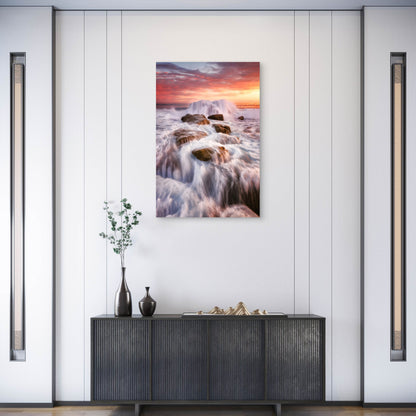 Long-Exposure of Waves Crashing at Sunset 60x90cm Metal Print Ready to Hang