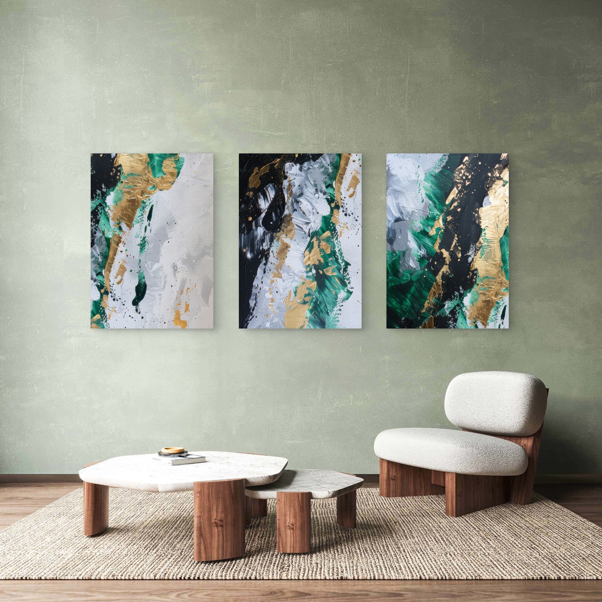3pcs Modern Green Gold Foil Fluid Paint Wall Art Set Canvas Framed 40x60cm - High Quality Print 100% Australian Made Wall Canvas Ready to Hang