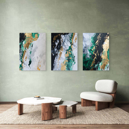 3pcs Modern Green Gold Foil Fluid Paint Wall Art Set Canvas Framed 50x70cm - High Quality Print 100% Australian Made Wall Canvas Ready to Hang