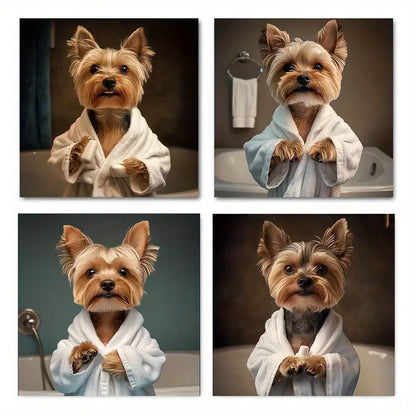 4pcs Yorkie Terrier In Pajamas & Bathrob Wall Art Canvas Framed
