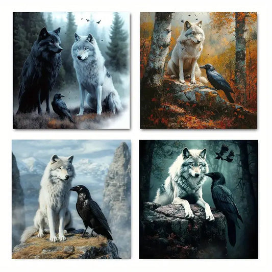 4pcs Mystical Wolf And Raven Canvas Art Prints Wall Art Canvas Framed