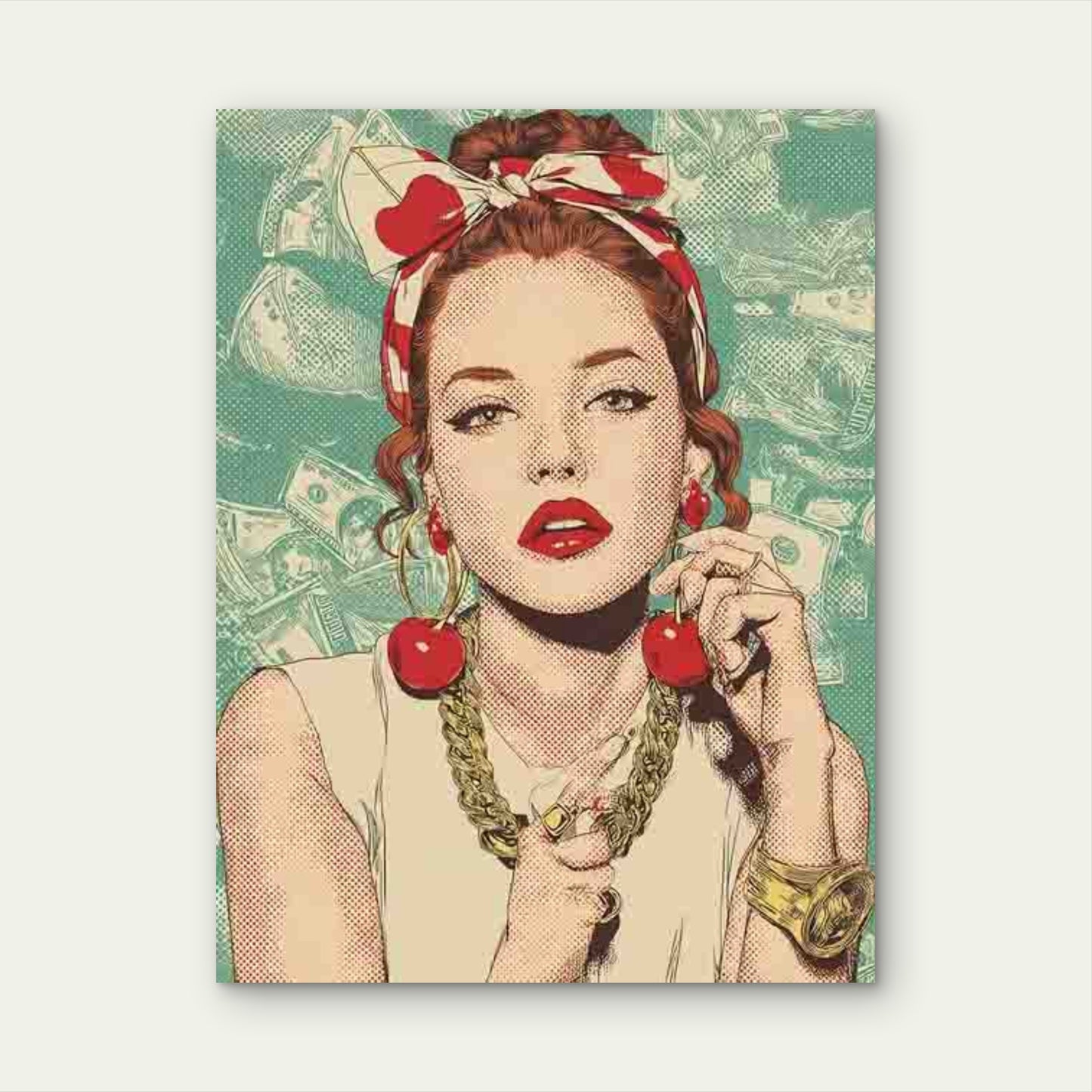 Cherry & Lips Design with Redhead Woman Metal 40x60cm Print Ready to Hang - Bella Home Decor