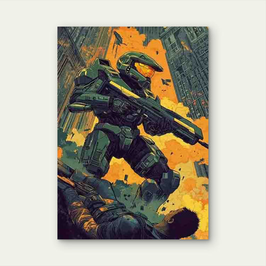 Green Armor Warrior with Gun in City Ruins 40x60cm Metal Print Ready to Hang