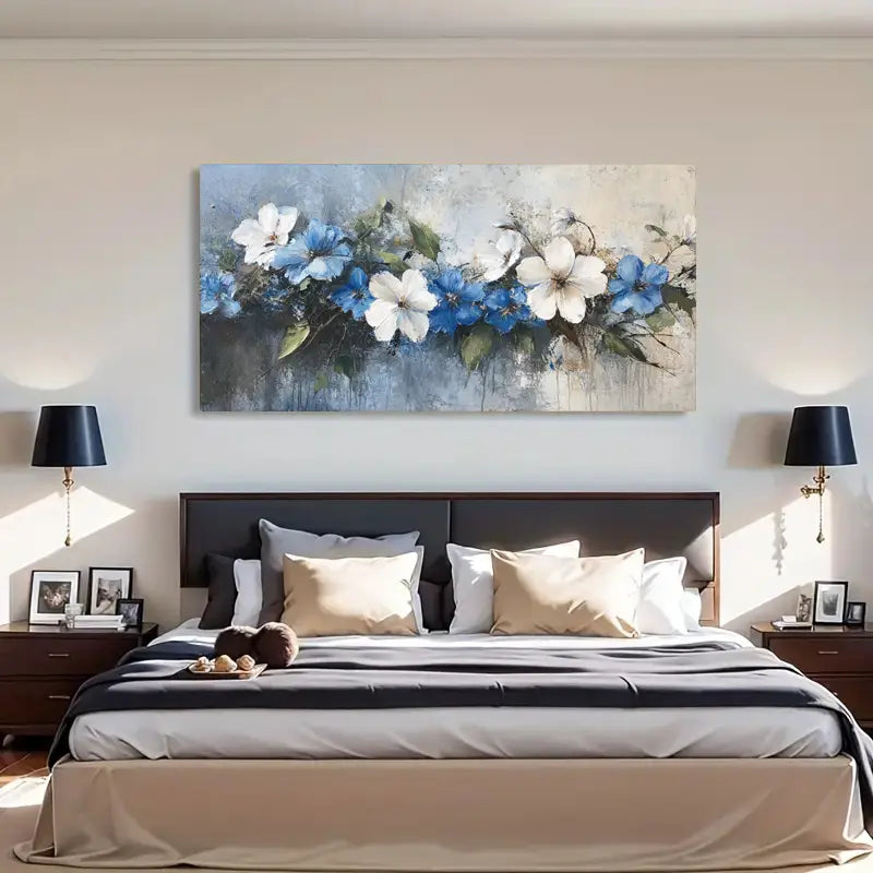 Blue And White Floral wall canvas office home room framed 120x60cm - Bella Home Decor