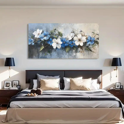 Blue And White Floral wall canvas office home room framed 120x60cm - Bella Home Decor