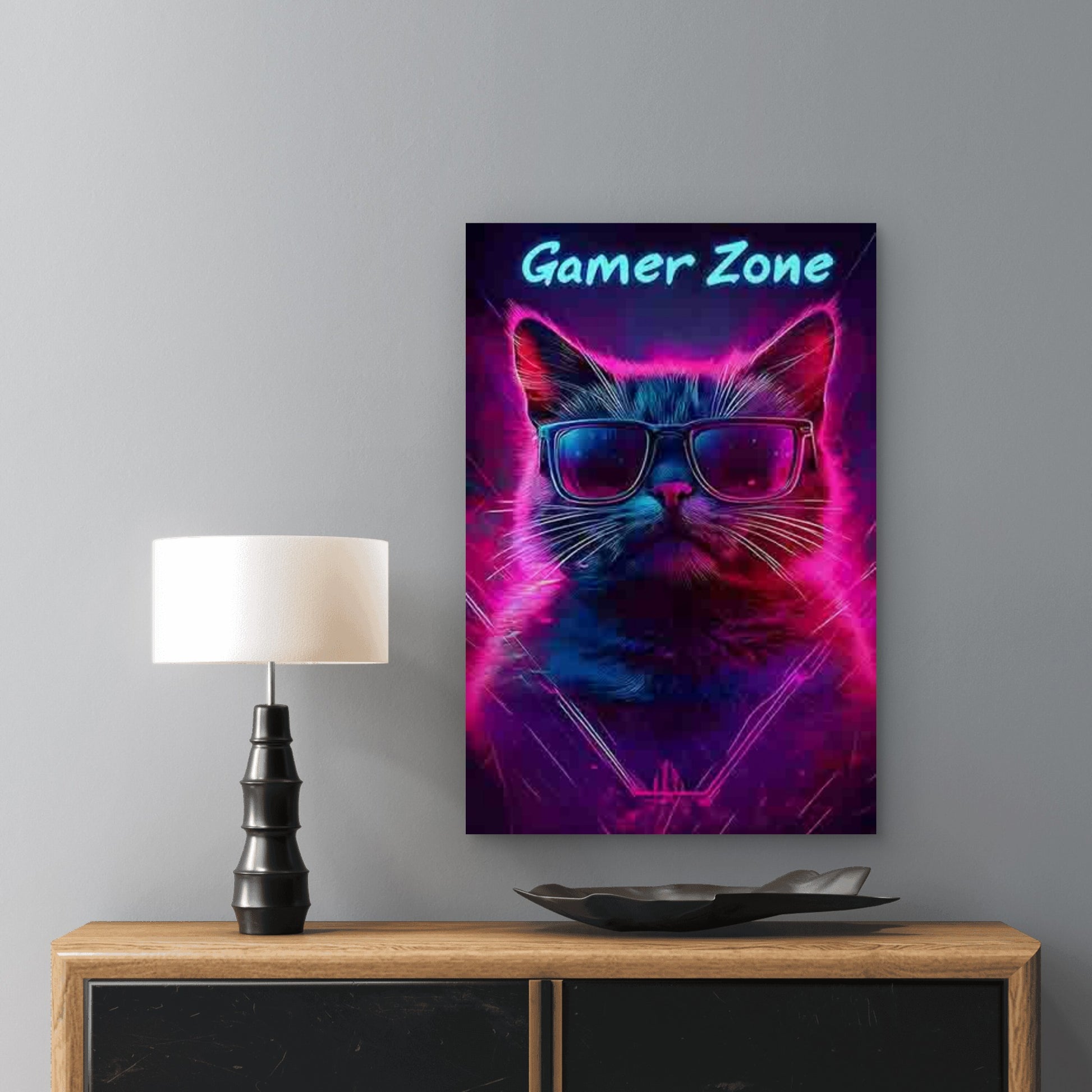 Cat Design Wearing Cool Glasses, Surrounded by Neon Light 60x90cm Metal Print Ready to Hang