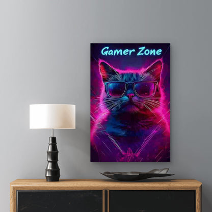 Cat Design Wearing Cool Glasses, Surrounded by Neon Light 60x90cm Metal Print Ready to Hang