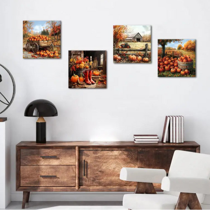 4pcs Pumpkin Field, Old Barn & Truck Wall Art Canvas Framed