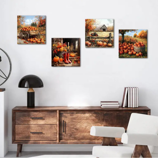 4pcs Pumpkin Field, Old Barn & Truck Wall Art Canvas Framed
