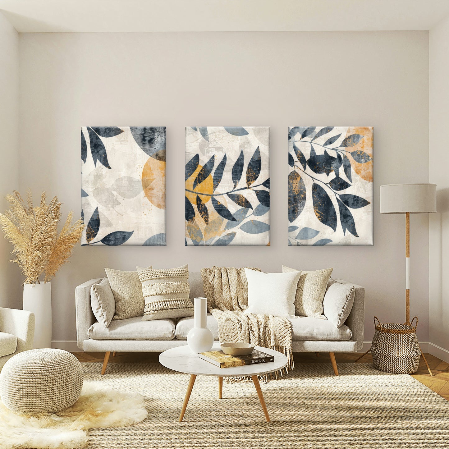3pcs Abstract Ochre Navy Blue Eucalyptus  Wall Art Set Canvas Framed 40x60cm - High Quality Print 100% Australian Made Wall Canvas Ready to Hang