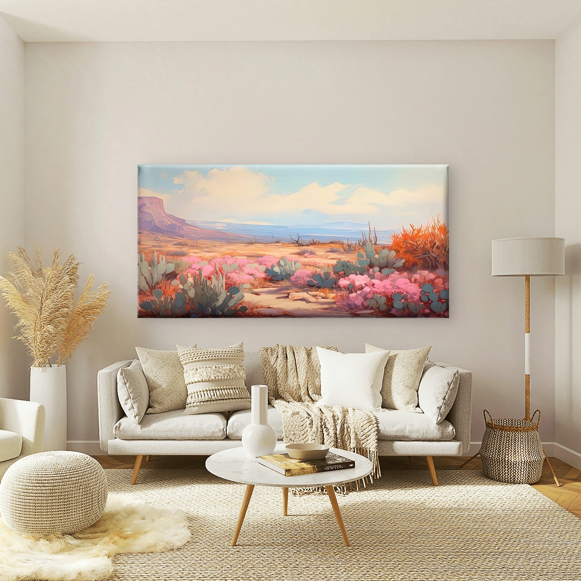 Desert Cactus & Pink Blooms Wall Art Canvas Office Home Room Framed 120x60cm - Bella Home Decor
