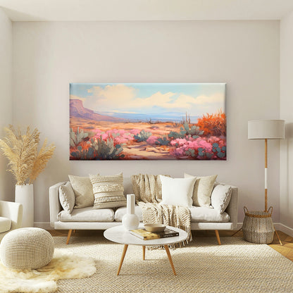 Desert Cactus & Pink Blooms Wall Art Canvas Office Home Room Framed 120x60cm - Bella Home Decor