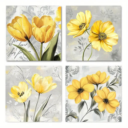 4pcs Yellow Flowers Picture for Home Wall Art Canvas Framed