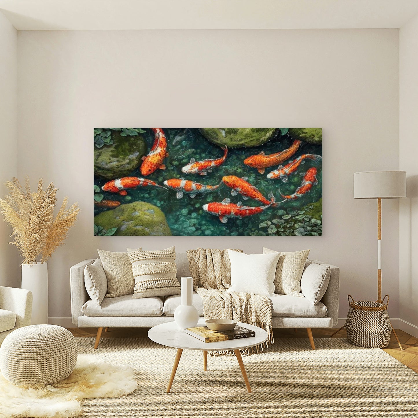 Vibrant Koi Fish Pond Wall Art Canvas Office Home Room Framed 120x60cm - Bella Home Decor