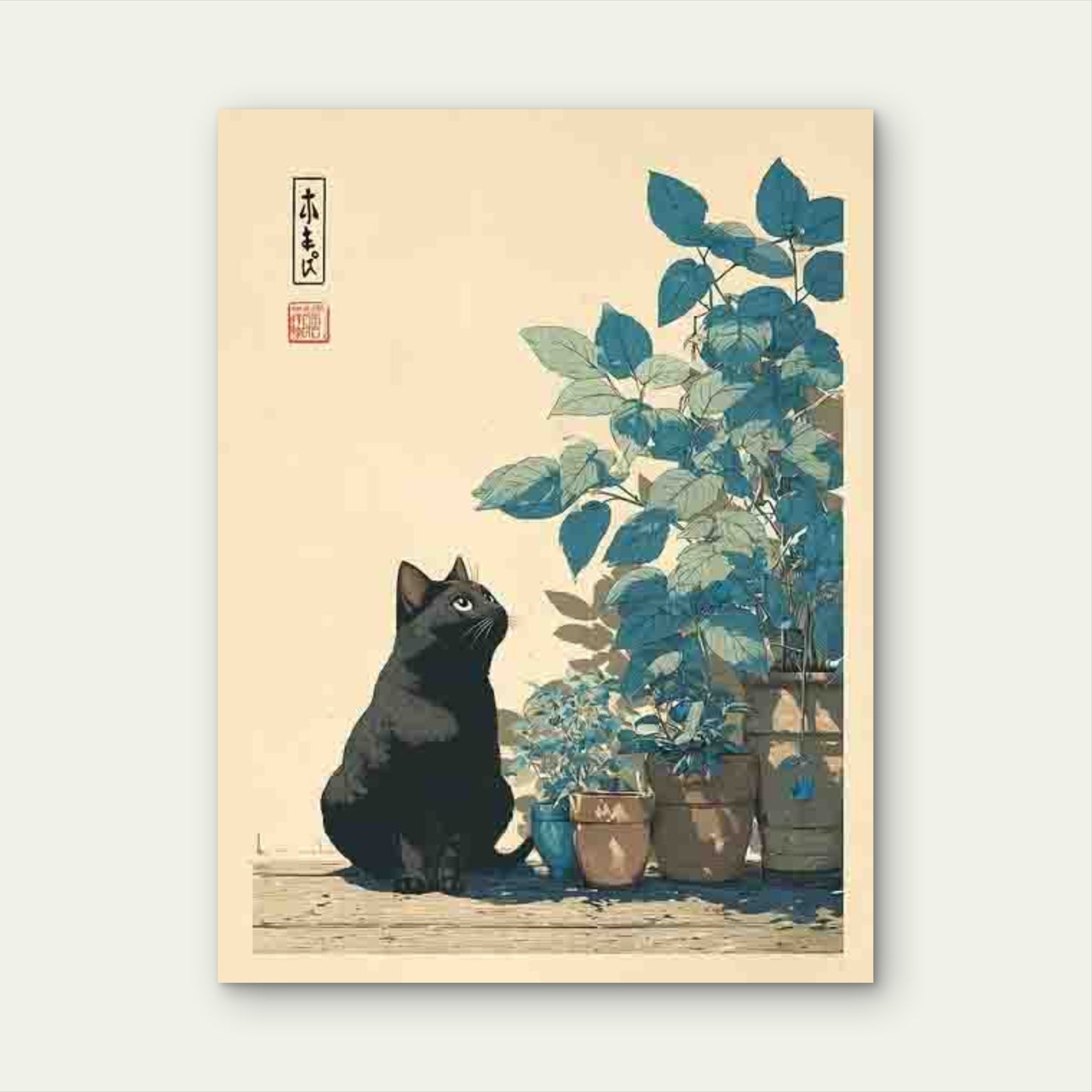 Vintage Japanese Cat & Botanical 60x90cm Metal Print Ready to Hang