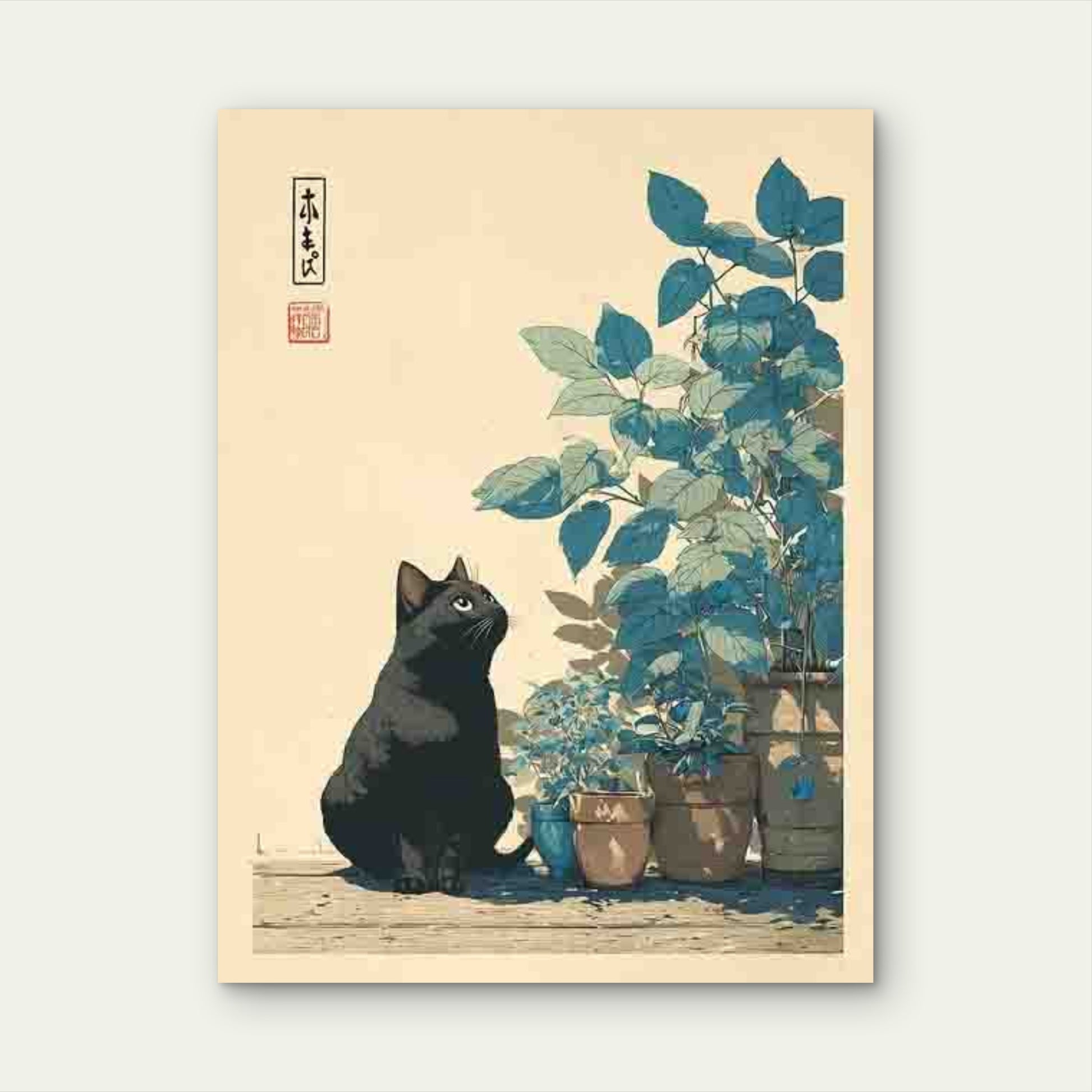 Vintage Japanese Cat & Botanical 60x90cm Metal Print Ready to Hang